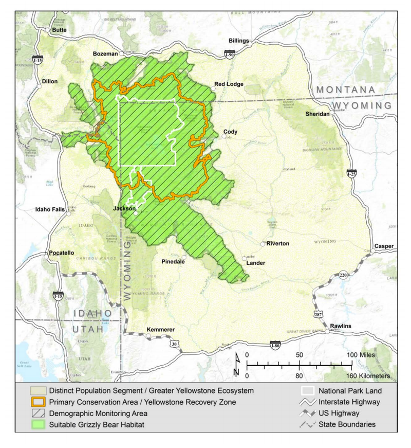 Map of the Greater Yellowstone Ecosystem (GYE). Boundaries are shown for: (1) the GYE grizzly bear Distinct Population Segment Area (the legal boundary where grizzly bears would be delisted); (2) the Primary Conservation Area (PCA); (3) Suitable Habitat; (4) the Demographic Monitoring Area (DMA); and (5) National Park lands, which include Yellowstone National Park, Grand Teton National Park, and the John D. Rockefeller, Jr. Memorial Parkway. 2016 Conservation Strategy for the Grizzly Bear in the Greater Yellowstone Ecosystem USGS